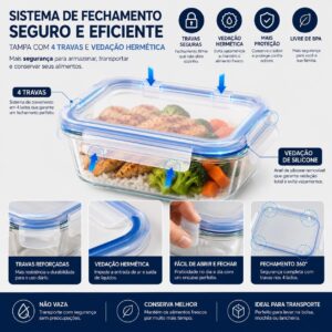 Kit 10 Potes de Vidro Herméticos 640ml com Tampa e 4 Travas | Marmitas Reutilizáveis | Vedação Total | Refratário para Forno, Micro-ondas, Freezer e Geladeira | Livre de BPA - Imagem 6