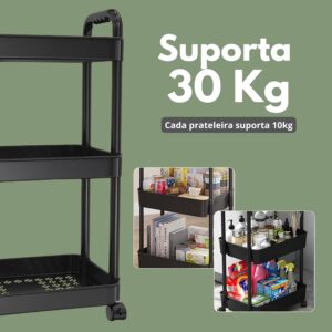 Carrinho Organizador Multiuso 3 Andares – Com Rodinhas 360°, Cestos, Fruteira, Estrutura Reforçada, Ganchos Laterais, Fácil de Montar, Ideal para Cozinha, Banheiro, Lavanderia, Escritório (PRETO) - Imagem 6