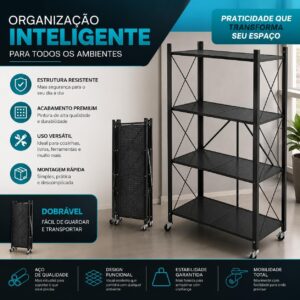 Estante Rack Aço Multiuso Prateleira Organizadora Modelo Industrial Reforçada Luxo Dobrável Decoração Apartamento Escritório Quarto Cozinha Sala Livros - 4 Prateleiras 125x71x34cm (Preto) - Imagem 4