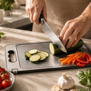 Tábua de Corte Inox Dupla Face com Afiador Integrado Antibacteriana Antiderrapante e Fácil de Limpar Ideal para Carnes, Frutas, Legumes e Churrasco - Imagem 7