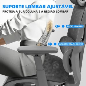 Cadeira de Escritório Ergonômica com Suporte Lombar, Encosto em Mesh Transpirável Braços 3D Aajustáveis e Apoio de Cabeça Regulávell, para Home Office Gamer, Textura Vazada de Relâmpago - Imagem 5