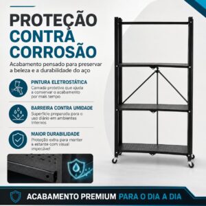 Estante Rack Aço Multiuso Prateleira Organizadora Modelo Industrial Reforçada Luxo Dobrável Decoração Apartamento Escritório Quarto Cozinha Sala Livros - 4 Prateleiras 125x71x34cm (Preto) - Imagem 3