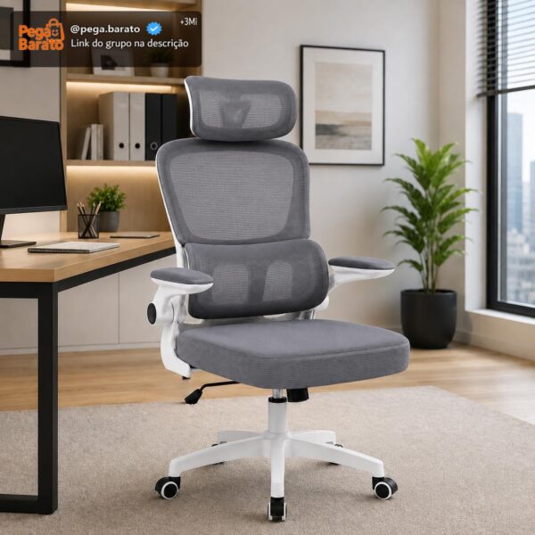 Cadeira de Escritório Suporte Lombar Ergonômico Malha Respirável Mesh Apoio Cabeça Confortavél Art Cadeiras Presidente Premium (Cinza e Branco)