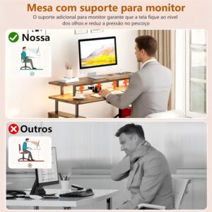 Escrivaninha Mesa para Computador, Mesa para Escritório de 2 Níveis com Tomada Integrada e Espaço de Armazenamento Lateral, Ideal para Home Office e Jogos, Cor Marrom - Imagem 3