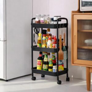 Carrinho Organizador Multiuso 3 Andares – Com Rodinhas 360°, Cestos, Fruteira, Estrutura Reforçada, Ganchos Laterais, Fácil de Montar, Ideal para Cozinha, Banheiro, Lavanderia, Escritório (PRETO) - Imagem 2