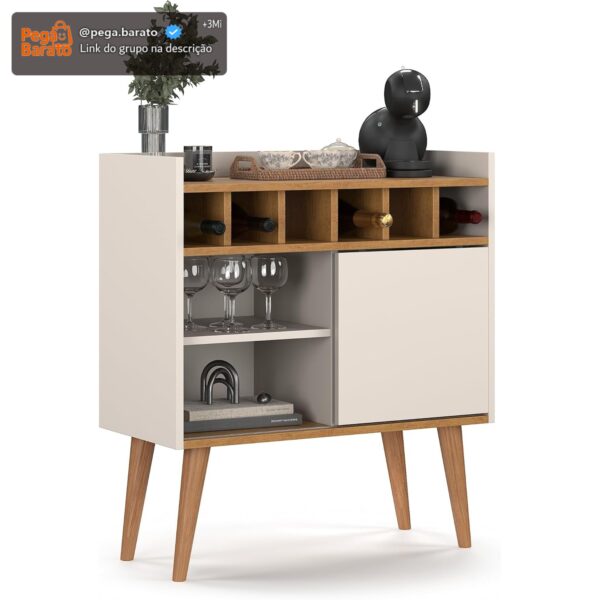 Aparador Retro Florença Adega Com Porta Nicho Prateleira Pés Madeira - Quality Móveis (OffWhite/Nature)