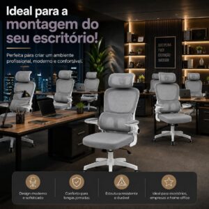 Cadeira de Escritório Suporte Lombar Ergonômico Malha Respirável Mesh Apoio Cabeça Confortavél Art Cadeiras Presidente Premium (Cinza e Branco) - Imagem 5