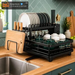 Escorredor de Louça 2 Andares Preto em Aço Inox com Drenagem - Imagem 1
