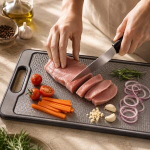 Tábua de Corte Inox Dupla Face com Afiador Integrado Antibacteriana Antiderrapante e Fácil de Limpar Ideal para Carnes, Frutas, Legumes e Churrasco - Imagem 8
