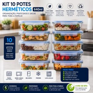 Kit 10 Potes de Vidro Herméticos 640ml com Tampa e 4 Travas | Marmitas Reutilizáveis | Vedação Total | Refratário para Forno, Micro-ondas, Freezer e Geladeira | Livre de BPA - Imagem 7