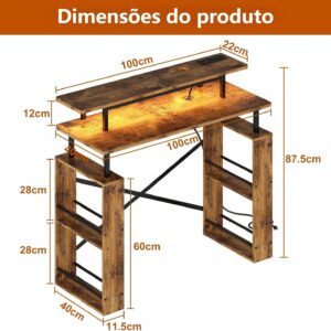 Escrivaninha Mesa para Computador, Mesa para Escritório de 2 Níveis com Tomada Integrada e Espaço de Armazenamento Lateral, Ideal para Home Office e Jogos, Cor Marrom - Imagem 2