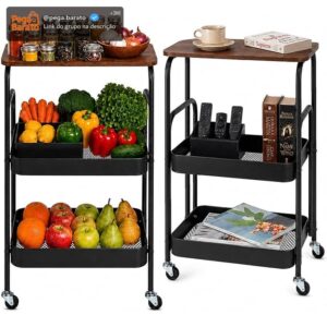 Decolab Fruteira Carrinho Organizador Multiuso de Aço com Pintura Eletrostática | Estilo Industrial Tampo de Madeira Rodinhas | Revistas, Controles, Sala, Escritório, Cozinha, Quarto - Imagem 1