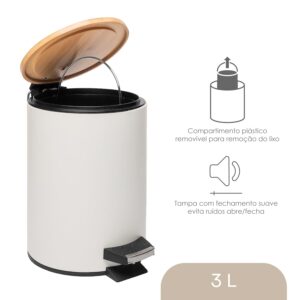 LYOR - Lixeira Redonda De Metal Com Pedal e Tampa Em Bambu Branca 3L - Imagem 2