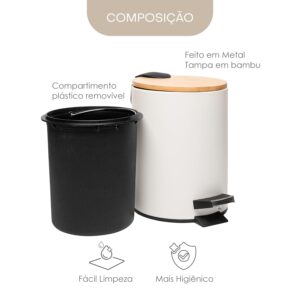 LYOR - Lixeira Redonda De Metal Com Pedal e Tampa Em Bambu Branca 3L - Imagem 4
