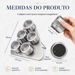Porta Temperos Magnético Inox 6 Potes Base Triangular Dosador para Cozinha - Imagem 3
