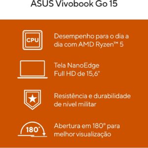 Notebook ASUS VivoBook Go 15, AMD RYZEN 5 7520U, 8GB, 256GB SSD, KeepOS, Tela 15,6" FHD, Mixed Black - E1504FA-NJ731 - Imagem 2