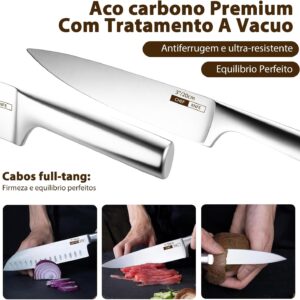 Conjunto de 7 Facas Profissionais em Aço Inoxidável 3CR13, Ultra Afiadas (V-Sharp 15°), Lâminas Inteiriças, Antiferrugem, Design Ergonômico – Inclui Chef, Pão e Churrasco – Garantia de 10 Anos - Imagem 3