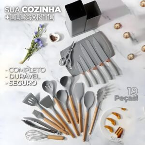 Utensilios Para Cozinha Silicone Kit 19 Peças Cabo Madeira Conjunto Completo Espátula Concha Colher Jogo Suporte Faca Antiaderente Tabua Tesoura Faqueiro PREMIUM (Cinza) - Imagem 4