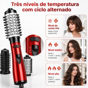 Escova Secadora Rotativa 3 Em 1 Com Cabeça de Substituição Preta, Escova Secadora Modeladora Bivolt, 1200w, Cabo de Alimentação Com Rotação de 360°(Vermelho) - Imagem 3