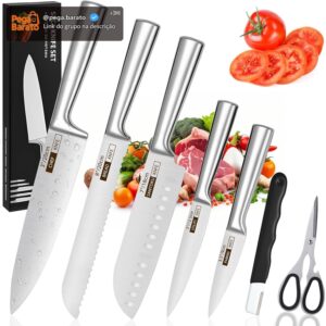 Conjunto de 7 Facas Profissionais em Aço Inoxidável 3CR13, Ultra Afiadas (V-Sharp 15°), Lâminas Inteiriças, Antiferrugem, Design Ergonômico – Inclui Chef, Pão e Churrasco – Garantia de 10 Anos - Imagem 1
