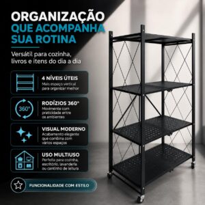 Estante Rack Aço Multiuso Prateleira Organizadora Modelo Industrial Reforçada Luxo Dobrável Decoração Apartamento Escritório Quarto Cozinha Sala Livros - 4 Prateleiras 125x71x34cm (Preto) - Imagem 6