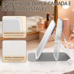 Espelho Maquiagem com LED Portátil e Aumento 10X, Espelho de Mesa Ultra Fino e Dobrável em Couro PU com Toque, 3 Cores de Luz e USB, para Viagem, Maquiagem e Escritório - Imagem 5