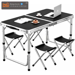 BEMMY Mesa Dobravel Portatil de Liga de Alumínio 120CM com 4 Banquinhos Pequenos, Escrivaninha Dobravel Maleta para Camping Pesca Jardim Área Externa Ou Interna - Imagem 1