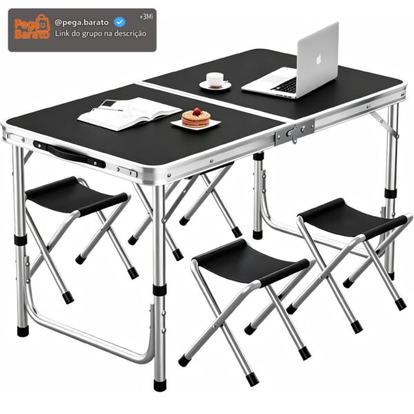 BEMMY Mesa Dobravel Portatil de Liga de Alumínio 120CM com 4 Banquinhos Pequenos, Escrivaninha Dobravel Maleta para Camping Pesca Jardim Área Externa Ou Interna