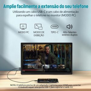 Monitor portátil de 15,6 polegadas, conectividade USB-C e HDMI, resolução Full HD 1080p, falantes integrados compatível com diversos dispositivos–Preto - Imagem 5