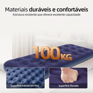 Colchão Inflável Solteiro Azul 186x76x22cm, Colchão de Ar em PVC com Revestimento de Flanela, Colchonete Inflável com Estrutura Honeycomb - Imagem 5