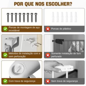 3m Portão Grade Retrátil de Proteção para Bebês e Cachorros, Portaozinho de Escada Instalação Sem Furos, Trava Dupla,Operação com uma mão,Portao Segurança Bebê Pet, Cercado para Cachorros - Imagem 9