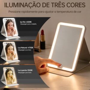 Espelho Maquiagem com LED Portátil e Aumento 10X, Espelho de Mesa Ultra Fino e Dobrável em Couro PU com Toque, 3 Cores de Luz e USB, para Viagem, Maquiagem e Escritório - Imagem 4