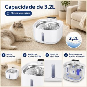 bebedouro para gatos sem fio com sensor, 3,2 L fonte de água para animais de estimaçãoCom bandeja de água de aço inoxidável, fontes dispensadoras de água corrente para gatos,3 conjuntos de filtros - Imagem 2