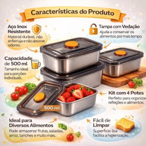 Kit 4 Potes Herméticos de Aço Inox 500ml com Tampa, Recipientes para Armazenar Alimentos, Marmita Inox, Potes para Geladeira e Cozinha, Vedação Segura - Imagem 4