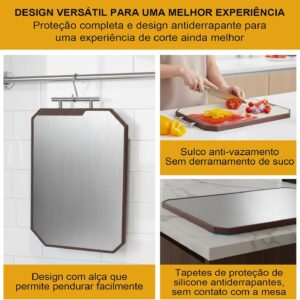 Tabua de Corte Inox Dupla Face em aço Inoxidável e PP, Tamanho Grande 45 * 30 * 2,3 cm, Tábua de Cozinha Antibacteriana, Adequada para Carne, Frutas e Legumes, Proteção Contra Respingos - Imagem 6