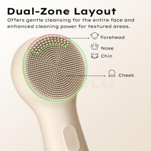 GOKOCO Escova de Limpeza Facial Elétrica Sônica de Silicone PN003, 3 Modos Ajustáveis, Dupla Zona de Cerdas, Bateria de Longa Duração, IPX7 Impermeável, Carregamento Type-C, Portátil, Bege - Imagem 3
