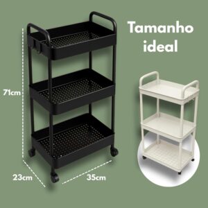 Carrinho Organizador Multiuso 3 Andares – Com Rodinhas 360°, Cestos, Fruteira, Estrutura Reforçada, Ganchos Laterais, Fácil de Montar, Ideal para Cozinha, Banheiro, Lavanderia, Escritório (PRETO) - Imagem 3