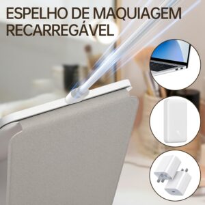 Espelho Maquiagem com LED Portátil e Aumento 10X, Espelho de Mesa Ultra Fino e Dobrável em Couro PU com Toque, 3 Cores de Luz e USB, para Viagem, Maquiagem e Escritório - Imagem 6