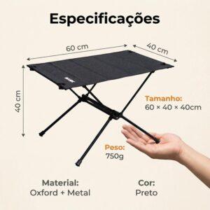 Bask Mesa Dobrável Portátil de Alumínio Tampo Oxford Ultraleve 900g – Camping, Praia e Pesca (Preto) - Imagem 5