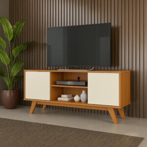 Rack Turim Para TV de até 50 Polegadas Com 2 Portas Pés Madeira Sala Nicho Divisórias (Cedro/OFF) - Imagem 3