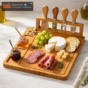 Tábua de Frios Petisqueira Bambu com Kit 4 Facas e Suporte | Tábua para Queijos Aperitivos e Servir | Bandeja Gourmet Premium 39x29cm - Imagem 1