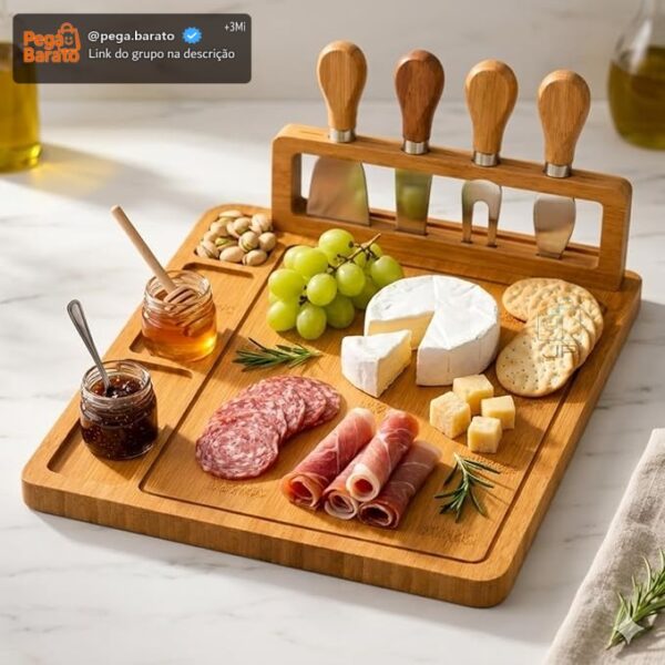 Tábua de Frios Petisqueira Bambu com Kit 4 Facas e Suporte | Tábua para Queijos Aperitivos e Servir | Bandeja Gourmet Premium 39x29cm