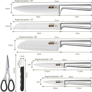 Conjunto de 7 Facas Profissionais em Aço Inoxidável 3CR13, Ultra Afiadas (V-Sharp 15°), Lâminas Inteiriças, Antiferrugem, Design Ergonômico – Inclui Chef, Pão e Churrasco – Garantia de 10 Anos - Imagem 2