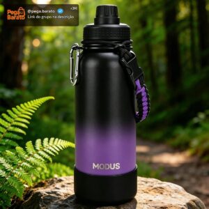 950ml Garrafa Térmica de Aço Inoxidável com Alça Paracord | Base Antiderrapante de Silicone – Mantém a Água Gelada por até 24 Horas Preto Roxo - Imagem 1