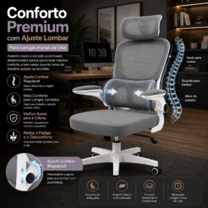 Cadeira de Escritório Suporte Lombar Ergonômico Malha Respirável Mesh Apoio Cabeça Confortavél Art Cadeiras Presidente Premium (Cinza e Branco) - Imagem 7