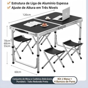 BEMMY Mesa Dobravel Portatil de Liga de Alumínio 120CM com 4 Banquinhos Pequenos, Escrivaninha Dobravel Maleta para Camping Pesca Jardim Área Externa Ou Interna - Imagem 3
