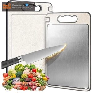 Tábua de Corte Inox Cozinha Dupla Face Aço Inoxidável e PP, Superfície Higiênica para Carnes, Frutas e Vegetais, Afiador Integrado Base Antiderrapante e Alça Ergonômica Premium - Imagem 1