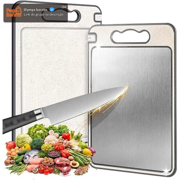 Tábua de Corte Inox Cozinha Dupla Face Aço Inoxidável e PP, Superfície Higiênica para Carnes, Frutas e Vegetais, Afiador Integrado Base Antiderrapante e Alça Ergonômica Premium