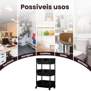 Carrinho Organizador Multiuso 3 Prateleiras com Rodinhas para Cozinha Banheiro Salão Manicure Cabeleireiro (Preto) - Imagem 5