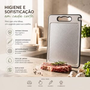 Tábua de Corte Inox Dupla Face com Afiador Integrado Antibacteriana Antiderrapante e Fácil de Limpar Ideal para Carnes, Frutas, Legumes e Churrasco - Imagem 4
